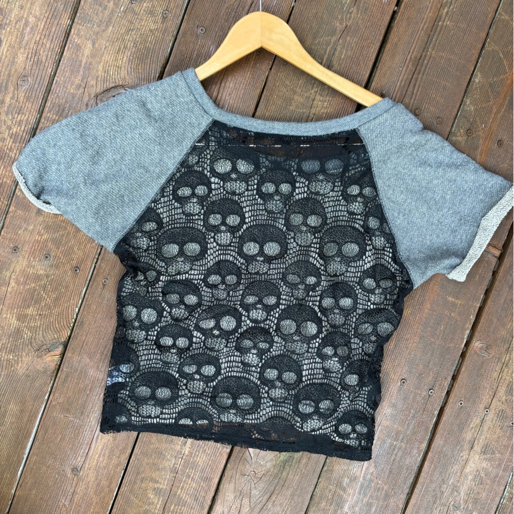Material Girl Gray and Black Skull Raglan Tee, 80s inspired, Madonna